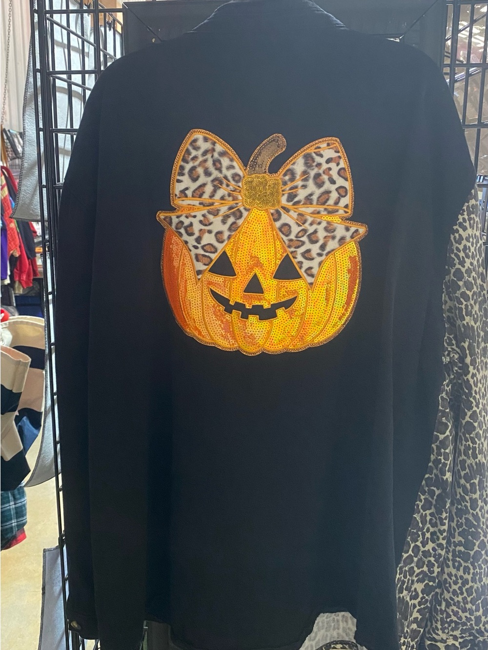 Black Womens size 22 Halloween Pumpkin Jacket with Leopard Bow